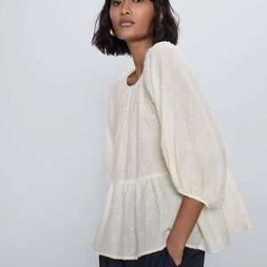 Zara Swiss Dot Ecru Statement Puff Sleeve Peplum Top